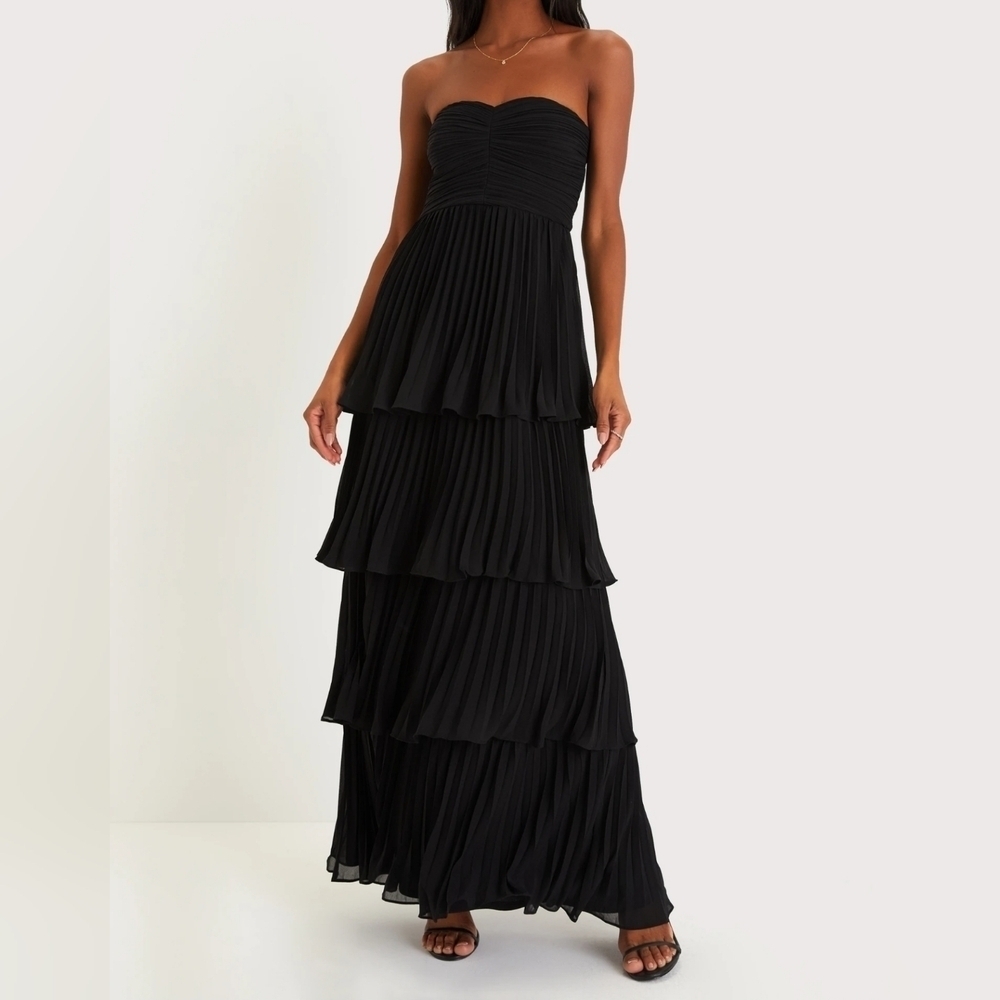 Lulus Seriously Sensational Black Strapless Tiered Maxi Dress, Size Medium